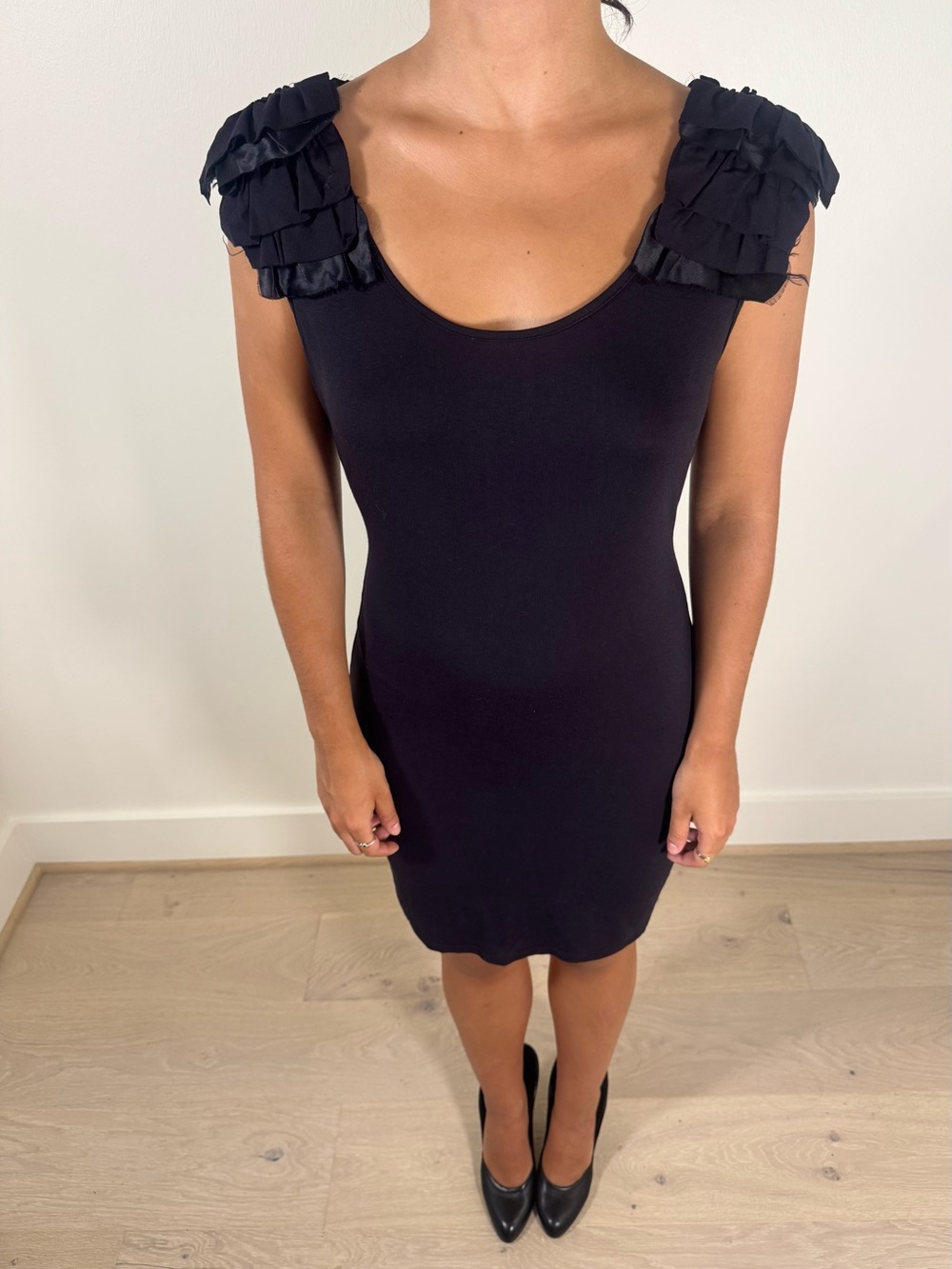 Black Ruffle-Shoulder Midi Bodycon Dress
